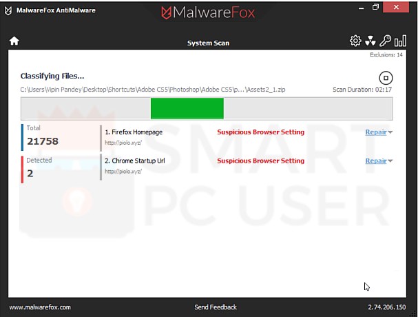 Piolo.xyz Hijacker Scan Result