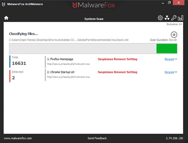 Xscx.xyz Hijacker Scan Result