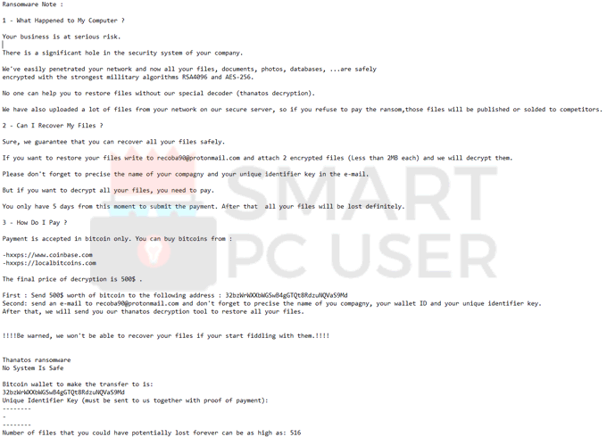 Thana ransomware ransom note